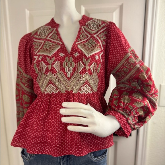 Anthropologie Keira Embroidered Peplum Blouse top shirt v neck Boho Size 8. A25 - Picture 3 of 14